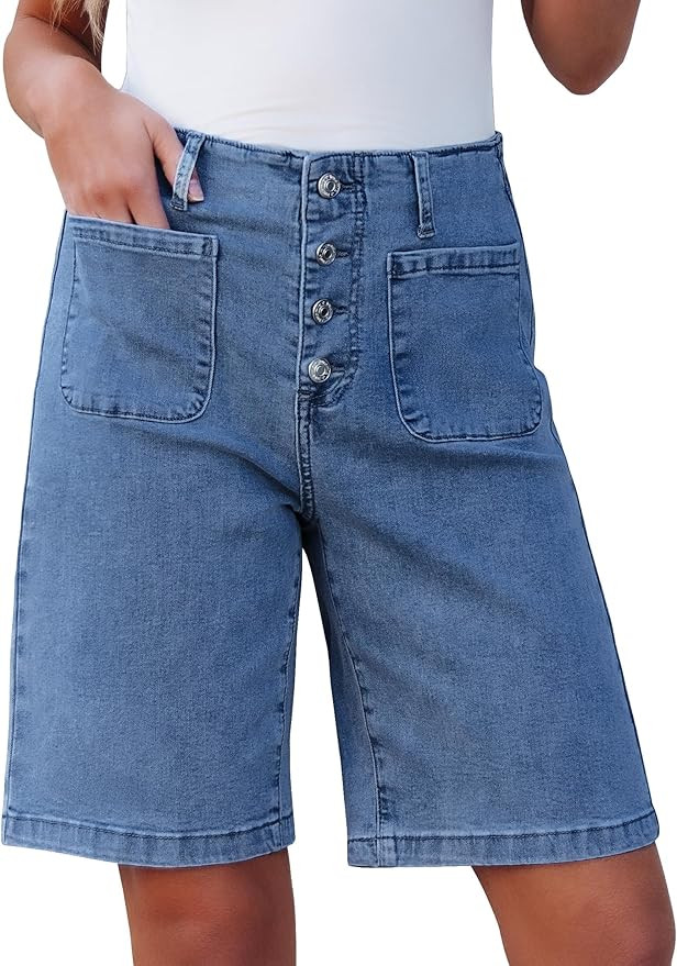 luvamia Bermuda Shorts for Women Jean High Waisted Trendy Patch Pockets Casual Summer Button Fly ... | Amazon (US)