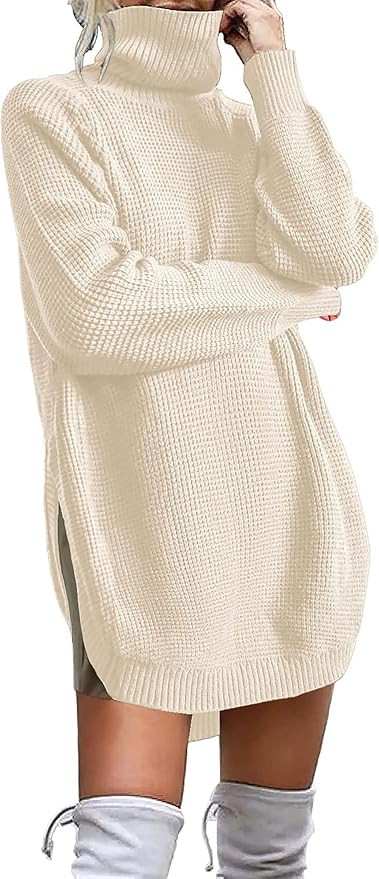 KIRUNDO Women's 2024 Fall Winter Casual Waffle Knit Turtleneck Sweater Long Sleeve Solid Side Spl... | Amazon (US)