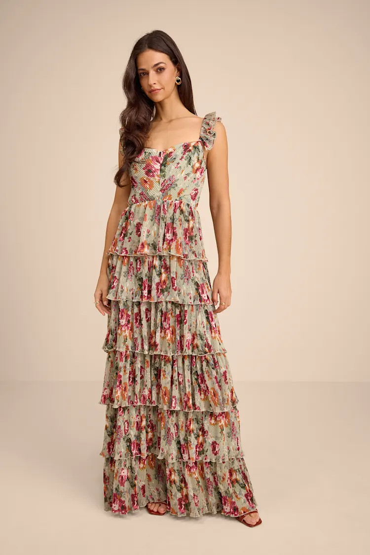 Alba Sage Floral Ruffled Tiered Maxi Dress | spring wedding guest dress  | Lulus