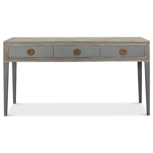 Levi Mid Century Modern Grey Shagreen Leather Brass Accent 3 Drawer Console Table | Kathy Kuo Home