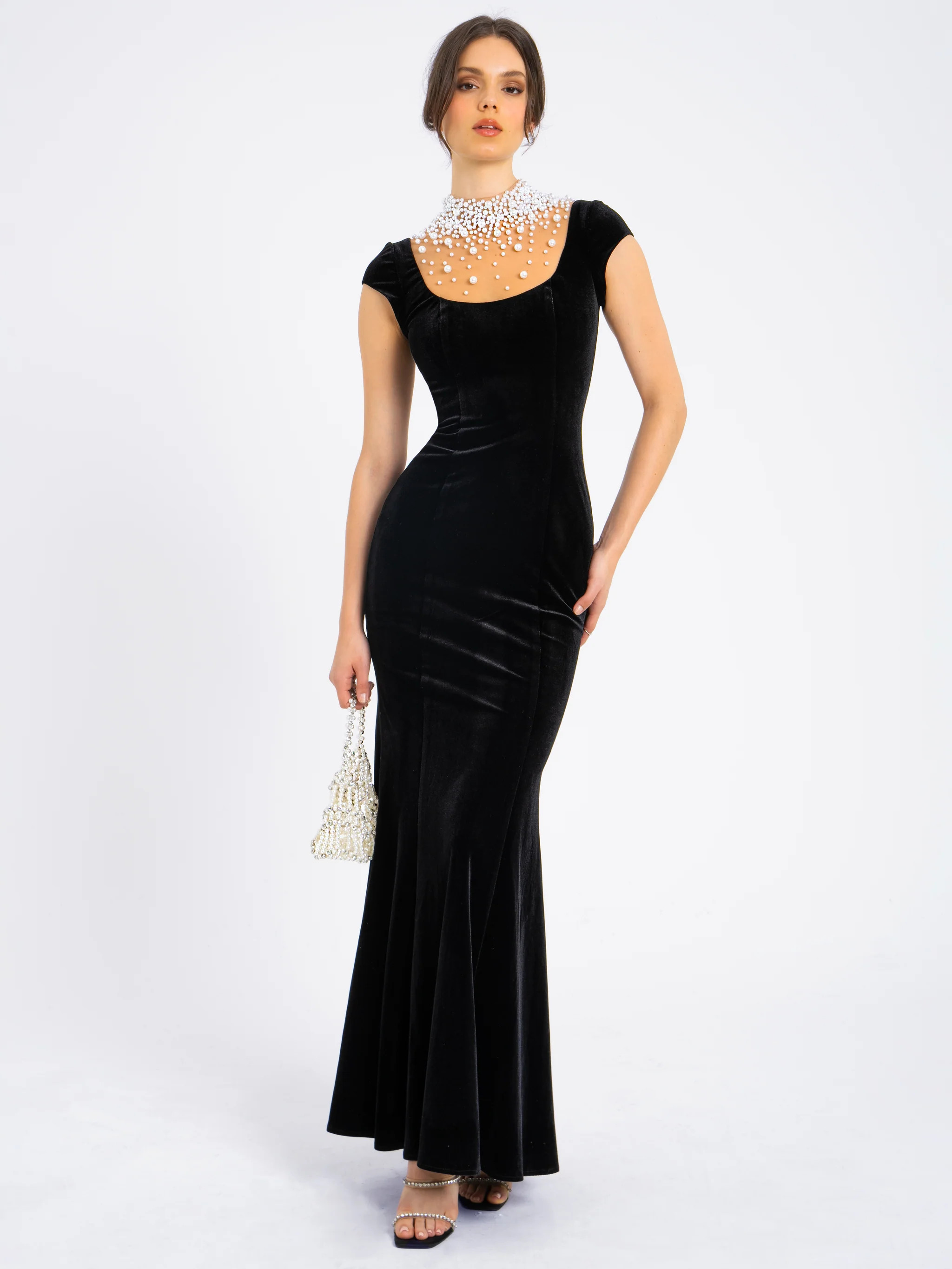 Rachael Black Velvet Pearl Embellished Gown | Miss Circle
