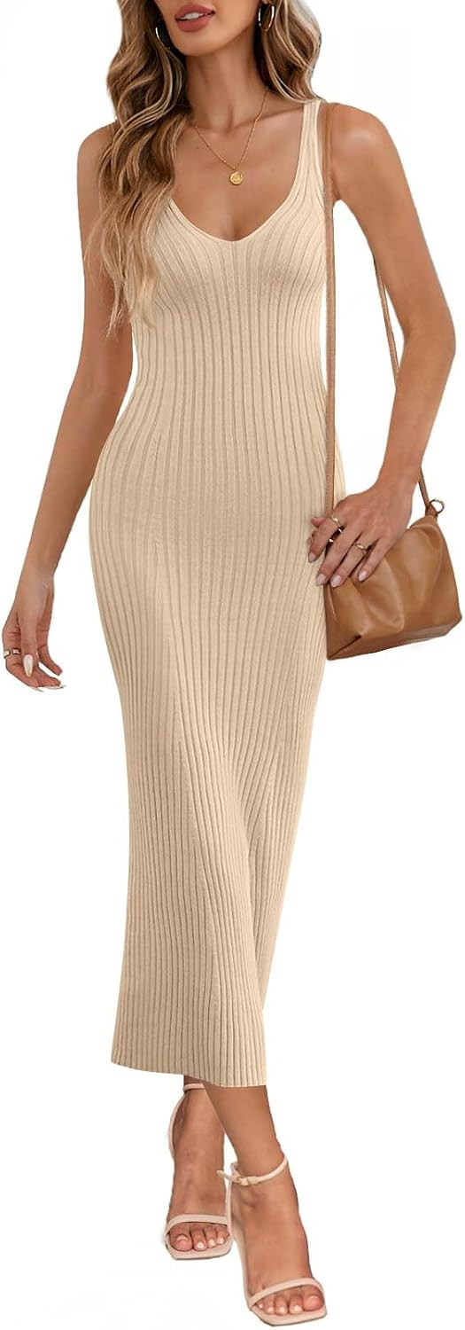 MEROKEETY Womens Summer Bodycon Deep V Neck Sleeveless Knit Midi Dress 2026 | Amazon (US)