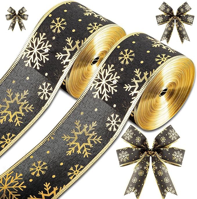 2 Rolls 40 Yards Christmas Snowflake Ribbon 2.5 Inch Christmas Black and Gold Wired Ribbon Xmas G... | Amazon (US)