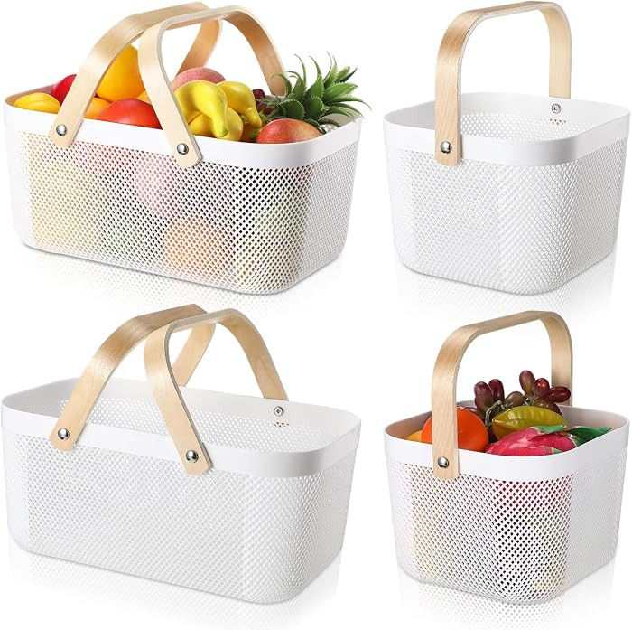 4 Pcs Plastic Mesh Garden Harvest Basket Storage Basket with Wooden Handle Multi Functional Mesh ... | Amazon (US)