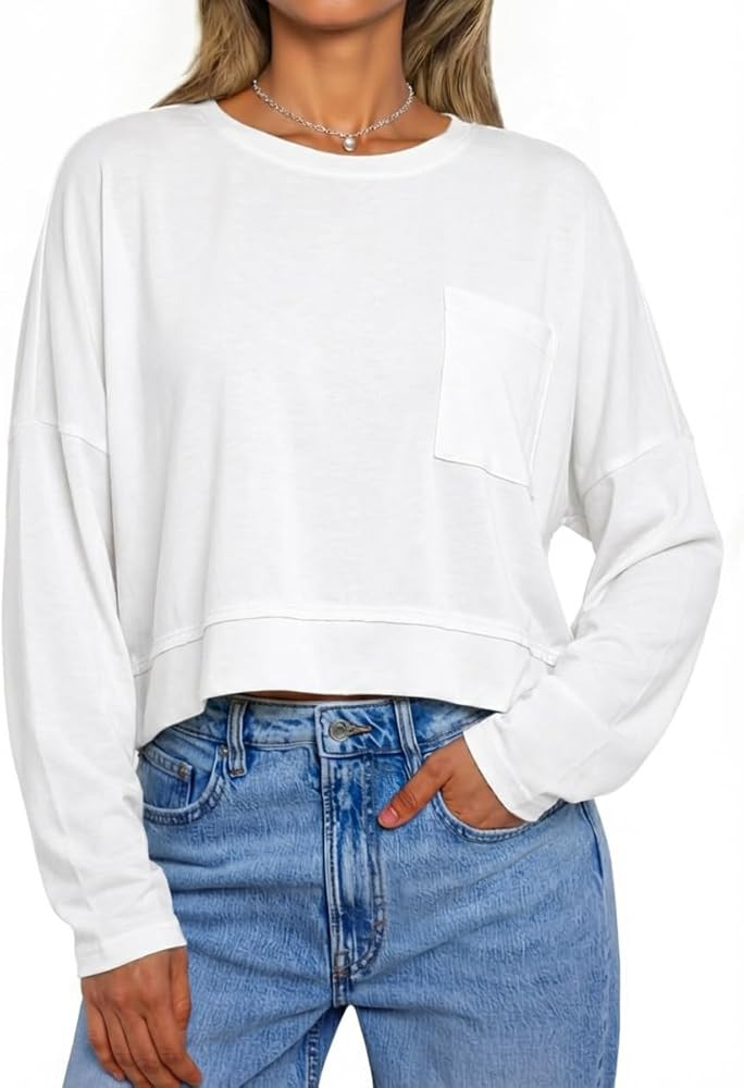 Tankaneo Womens Cropped Long Sleeve Shirts Trendy Casual Boxy Fall Tops Loose Fit Crew Neck Tees ... | Amazon (US)