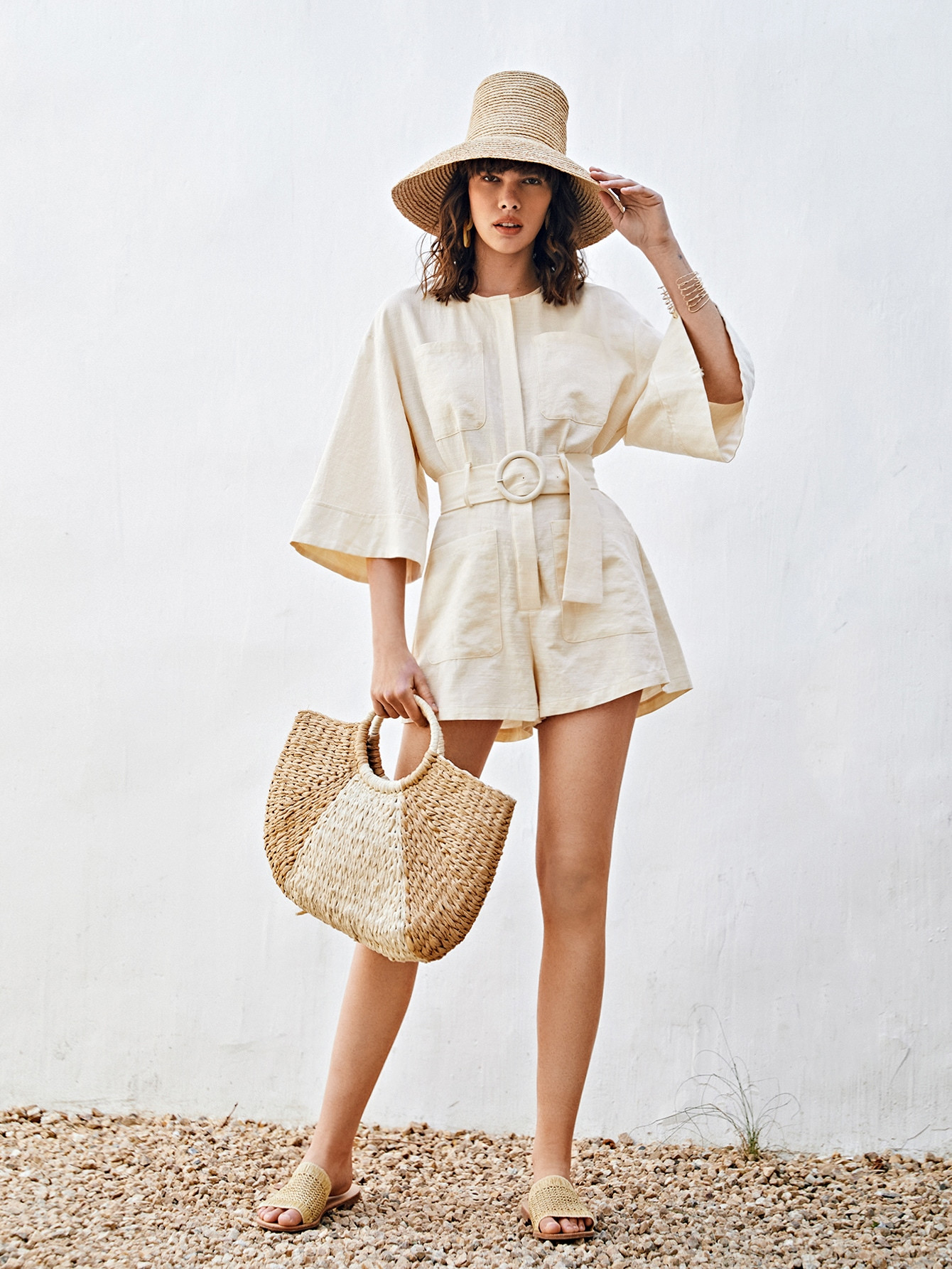 SHEIN Bell Sleeve Patch Pocket Buckle Belted Romper | SHEIN