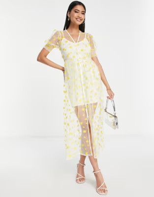 Never Fully Dressed embroidered daisy maxi dress in yellow | ASOS (Global)