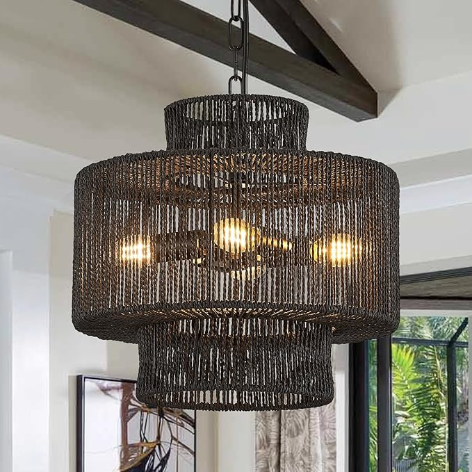 13" Boho Small Rattan Chandelier for Dining Room Black Wicker Farmhouse Pendant Light Fixtures fo... | Amazon (US)