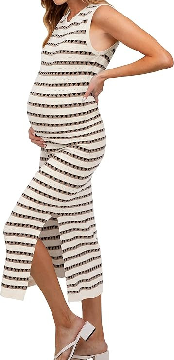 OUGES Women's 2025 Summer Maternity Dress Knit Sleeveless Crewneck Midi Dress Side Slit Striped B... | Amazon (US)