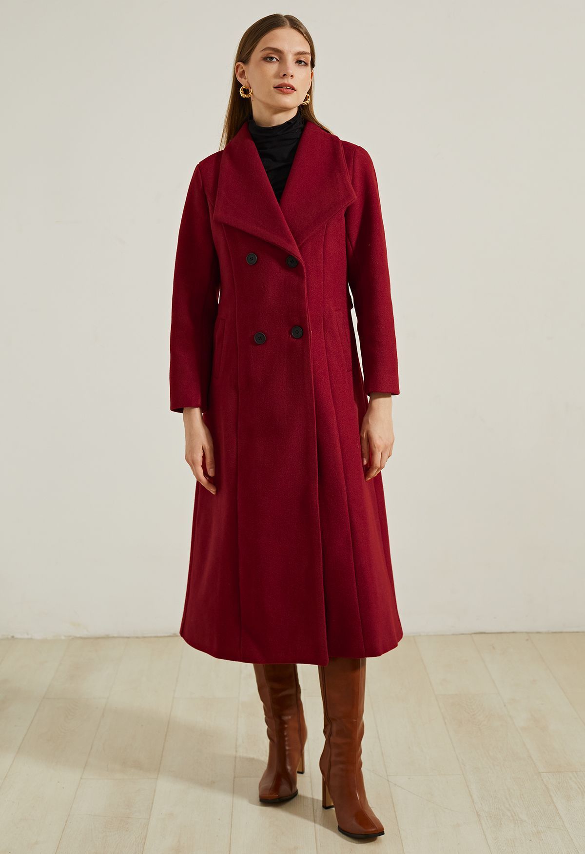 Wide Lapel Double-Breasted Flare Longline Coat in Red | Chicwish