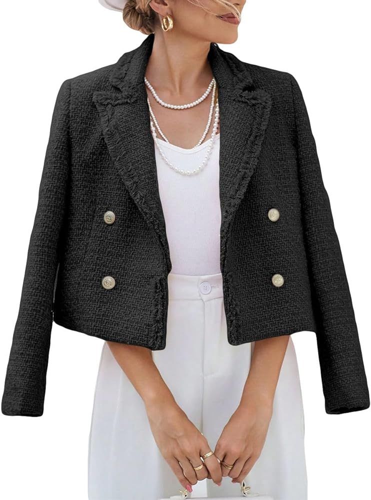 Tweed Blazers Jackets for Women 2024 Spring Fashion Lapel Cropped Elegant Open Front Office Casua... | Amazon (US)