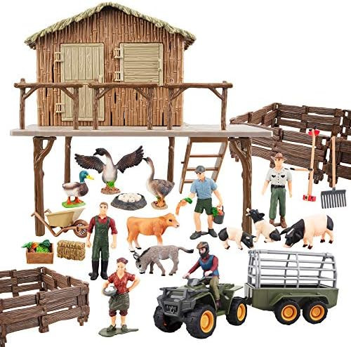 Toymany 54PCS Big Farm Animals Figurines Toy with Barn House Motorcycle Fence - Farm Tractor Figures | Amazon (US)