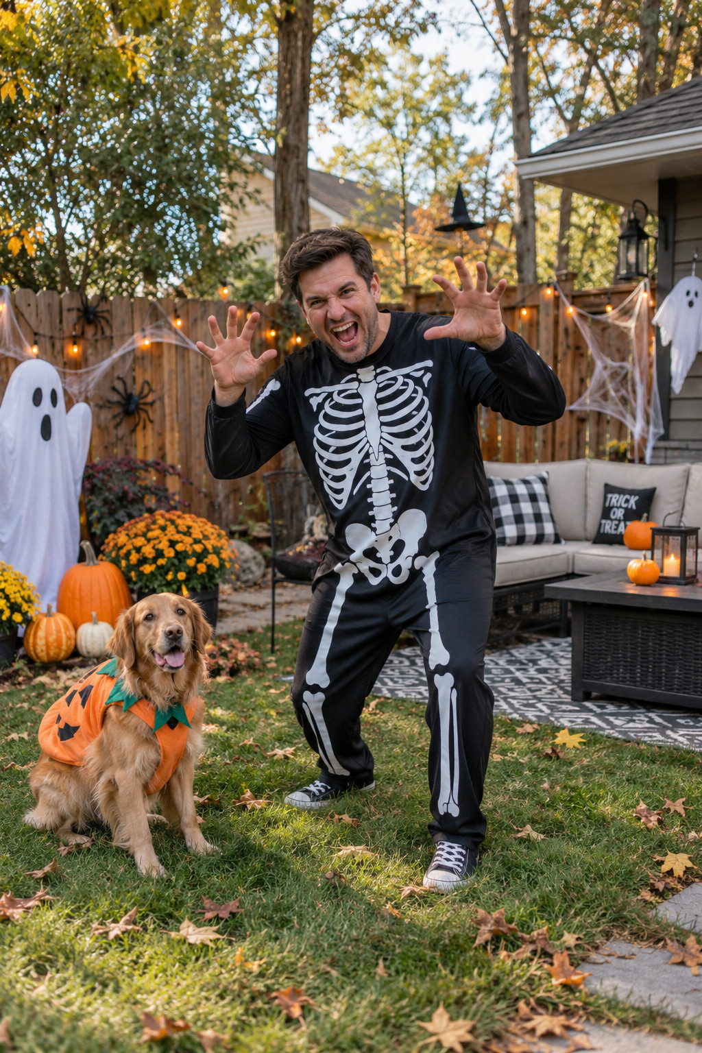 This Halloween backyard setup is seriously the cutest 🎃👻 I love the mix of pumpkins, friendly ghosts, skeleton decor, spider webs, fall mums, and cozy string lights. The little spooky touches make it feel festive without being too scary, and the outdoor seating keeps everything warm and inviting. Such a fun backyard idea for Halloween parties, trick-or-treat night, or just enjoying spooky season at home. 🖤🍂

#HalloweenDecor #BackyardHalloween #HalloweenBackyard #SpookySeason #HalloweenIdeas #PumpkinDecor #SkeletonDecor #GhostDecor #FallBackyard #OutdoorHalloweenDecor #HalloweenPartyIdeas #CuteHalloweenDecor 

 #LTKSeasonal #LTKHome #LTKSaleAlert