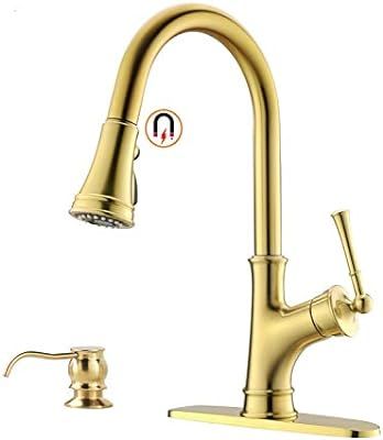 Gold Kitchen Faucet with Pull Down Magnetic Docking Sprayer, Brushed Gold Single Handle 1 Hole Hi... | Amazon (US)