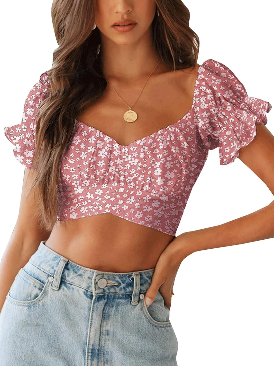 LYANER Women's Ruffle Short Sleeve Tie Up Back Crop Top Off Shoulder Bardot Blouse | Amazon (US)