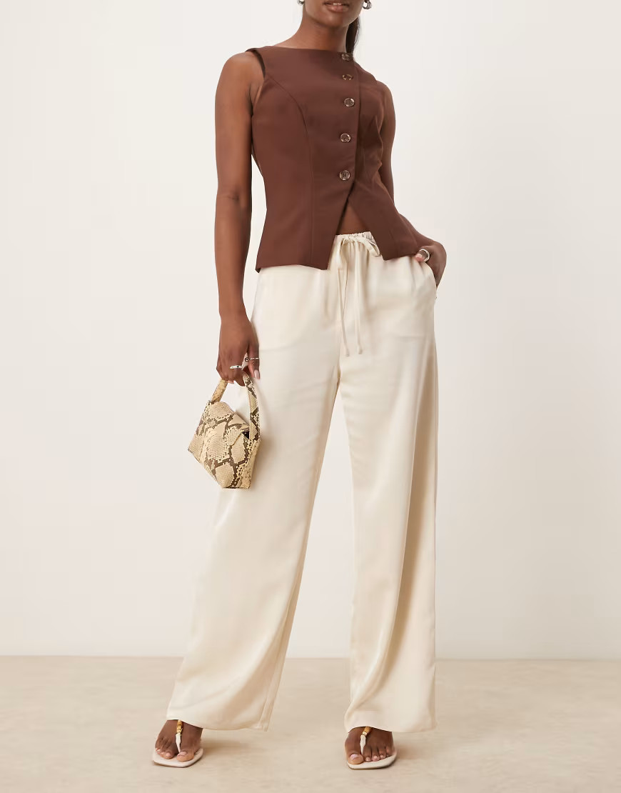 Pretty Lavish drawstring wide leg satin trouser in oyster-White | ASOS (Global)