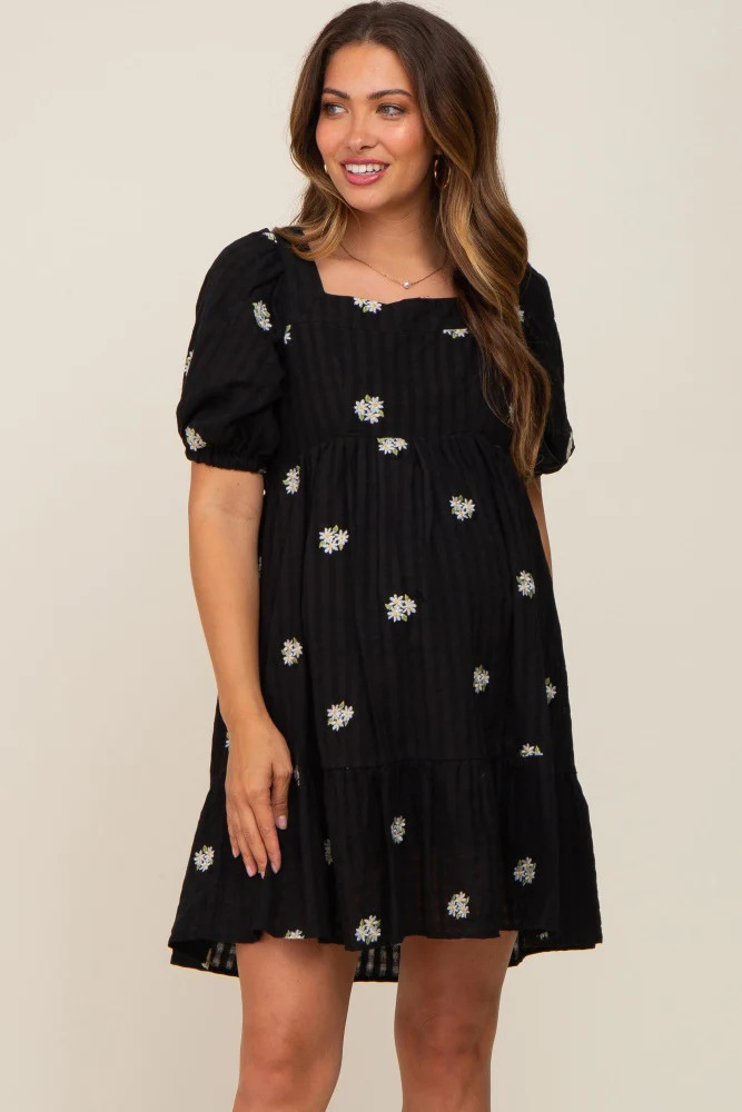 Black Floral Embroidered Puff Sleeve Maternity Dress | PinkBlush Maternity