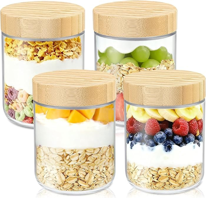 DRKIO 16 Oz Overnight Oats Containers with Bamboo Lids - 4 Pack Glass Storage Jars with Airtight ... | Amazon (US)