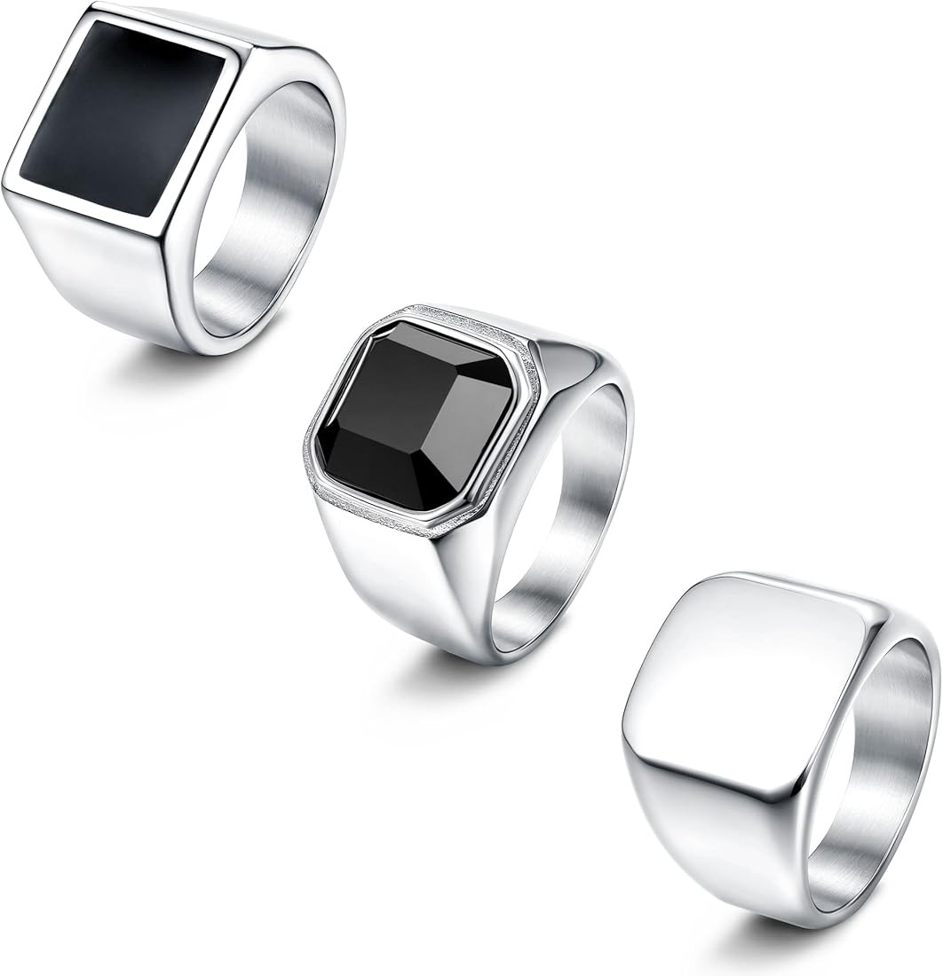 SAILIMUE 3Pcs Stainless Steel Signet Rings For Men Women Black Silver Simple Square Agate Solid P... | Amazon (US)
