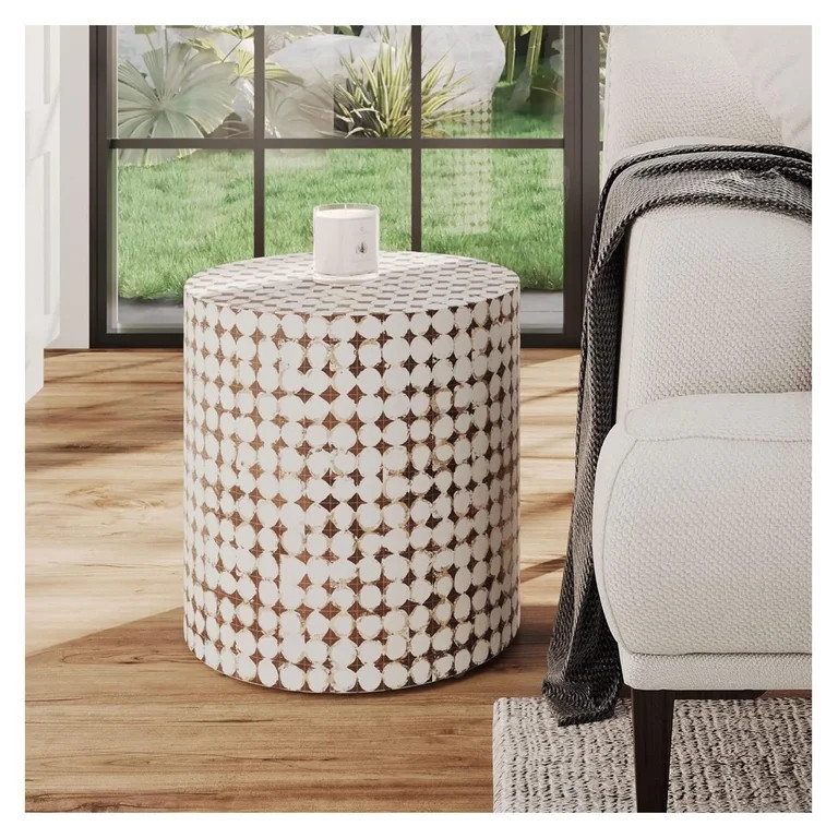 Drevy Round Side Table - Real Coconut Shell Mosaic Inlaid, Pre-Assembled, Natural Wood and Finish... | Walmart (US)