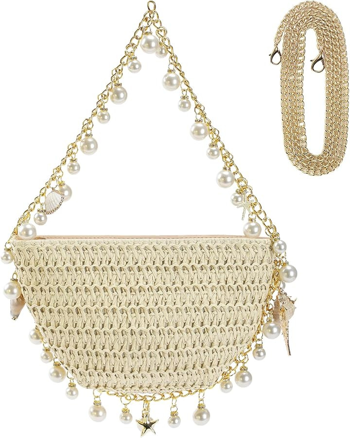 Seashell Purse for Women 9 Inch Handwoven Straw Clutch with Pearl Beads & Detachable Straps Beach... | Amazon (US)