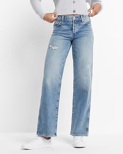 Low Rise Medium Wash Ripped Baggy Straight Jeans | Express