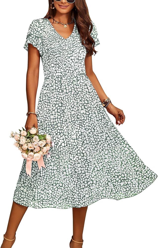 BTFBM Women Casual Summer Short Ruffles Tiered Sleeve Smocked Midi Dresses Bohemian Floral V Neck... | Amazon (US)