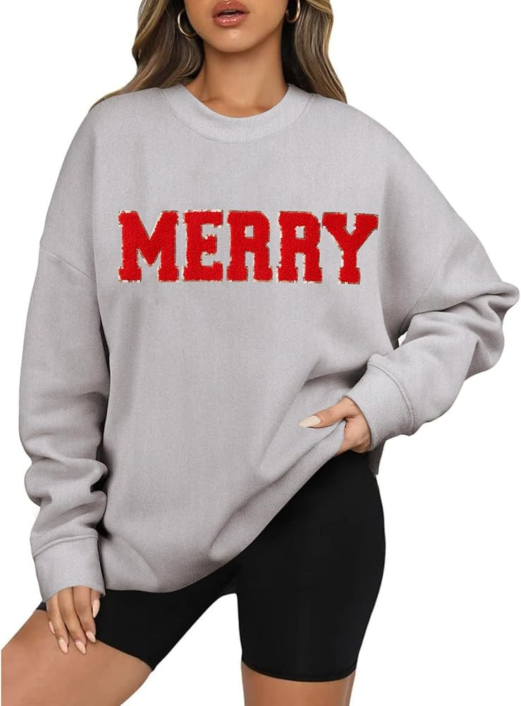 BOUTIKOME Merry Christmas Sweatshirts for Women Glitter Patch Merry Letter Shirts Chenille Patch ... | Amazon (US)