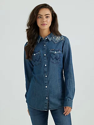Women's Wrangler Embroidered Yoke Denim Snap Shirt in Indigo | Wrangler