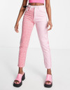 Click for more info about Daisy Street high waisted mom jeans in pink & red gingham mix