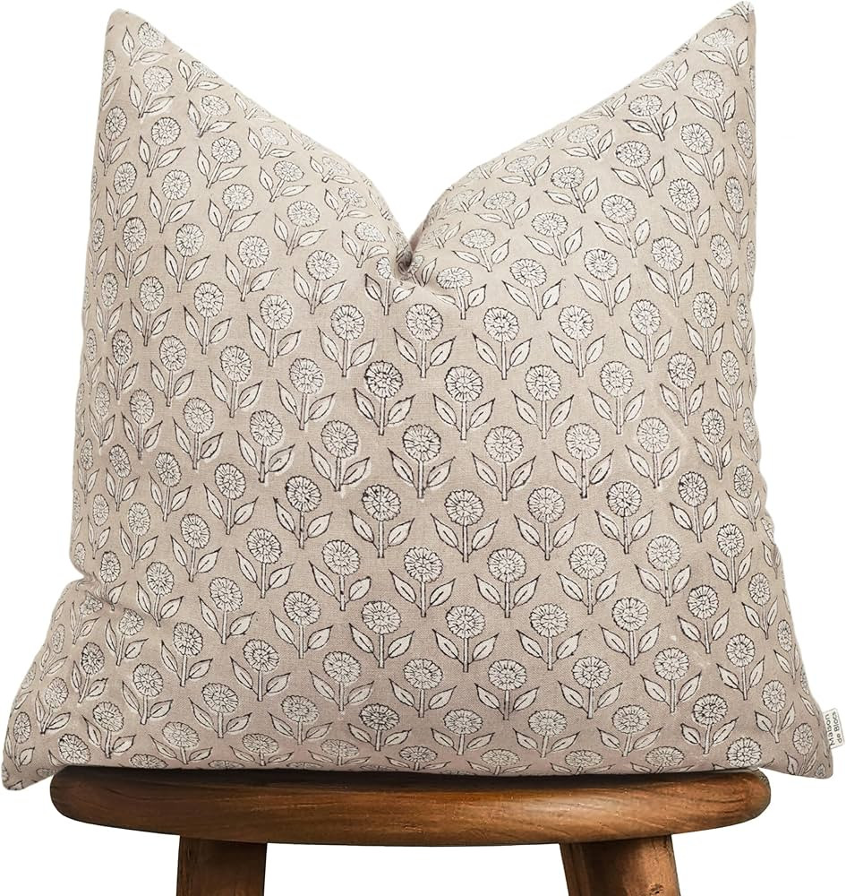Hand-block printed, artisan-made neutral accent throw cushion cover- Thick cotton cushion for sof... | Amazon (US)