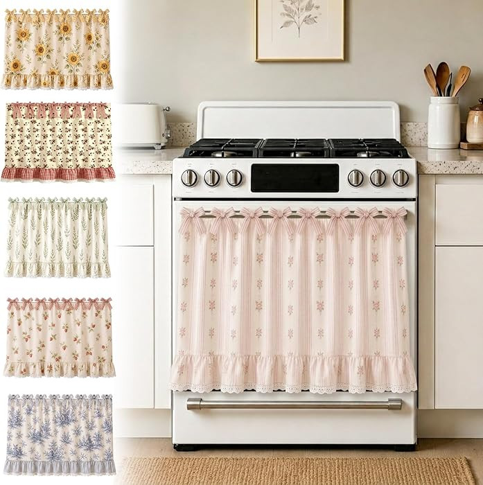 Farmhouse Oven Skirt, Pink Handmade Oven Curtain for Stove, Vintage Oven Skirt Curtain for Farmhouse Cottage Dishwasher Kitchen Decor, with Ruffles and Ribbon Ties (Pink B) | Amazon (US)