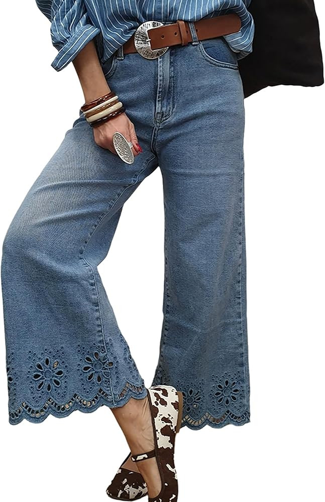 Women's High Waisted Flare Jeans Stretchy Wide Leg Loose Trendy Raw Hem Cropped Denim Pants | Amazon (US)