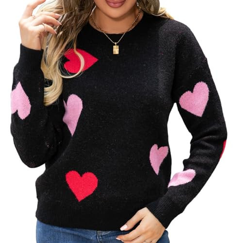 Women's Cute Heart Sweater Love Print Valentines Day Knitted Top Casual Crewneck Long Sleeve Sweaters Pullover (Love Pink Black,M) | Amazon (US)