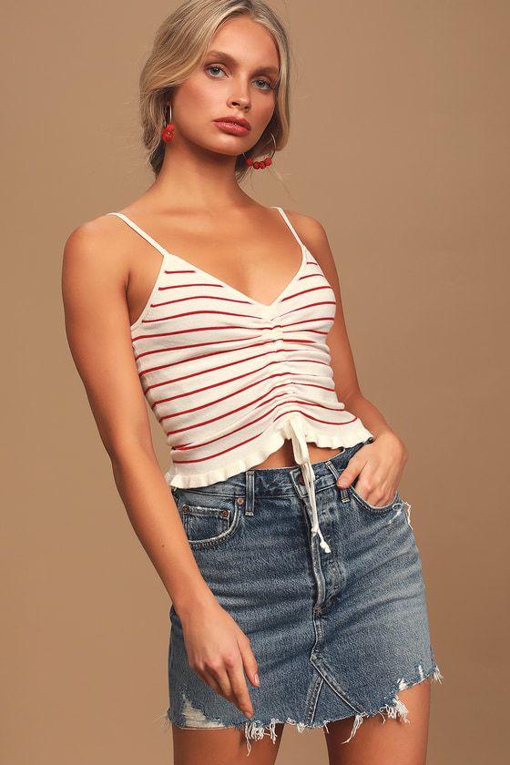 Sunny City Red and White Striped Ruched Cropped Tank Top | Lulus (US)