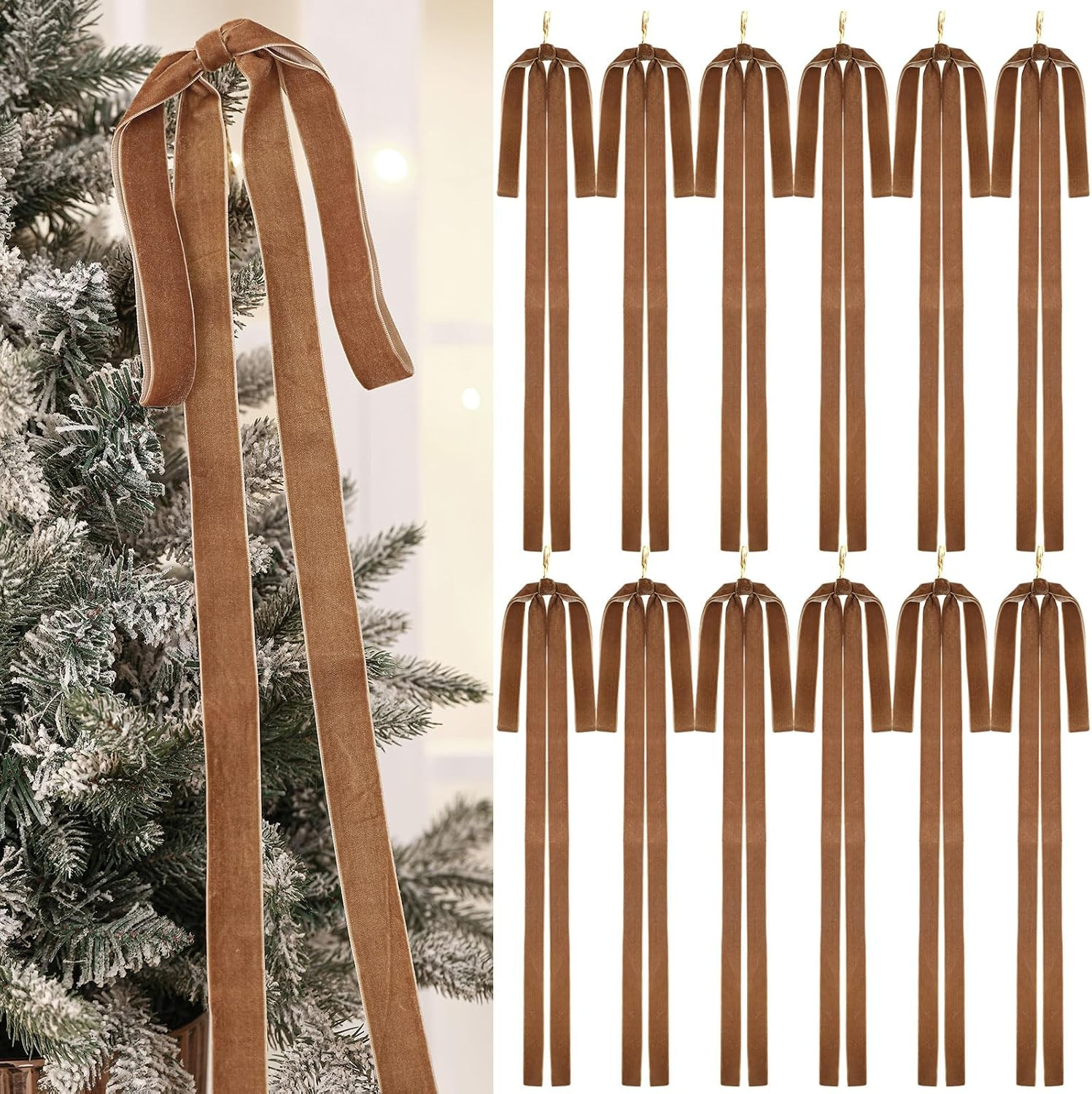Janinka 6 Pcs Long Brown Christmas Velvet Bow Ornament Vintage Tree Decor | Amazon (US)