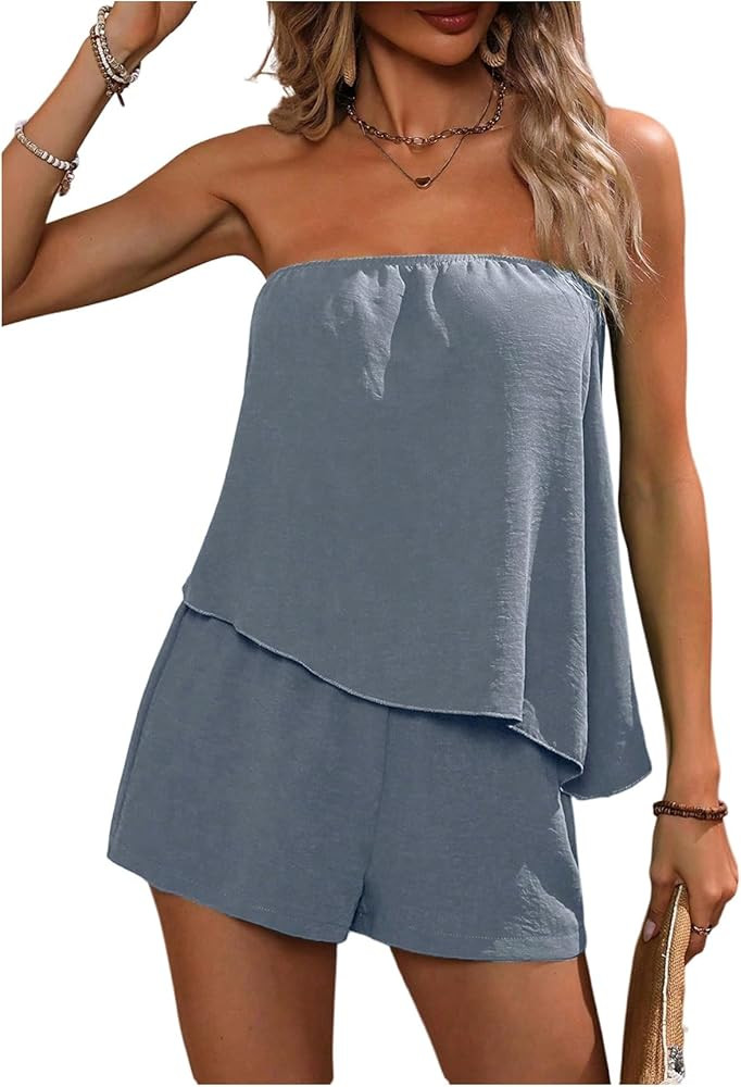 SOLY HUX Women's Summer 2 Piece Outfits Sleeveless Asymmetrical Tube Top and Shorts Set | Amazon (US)