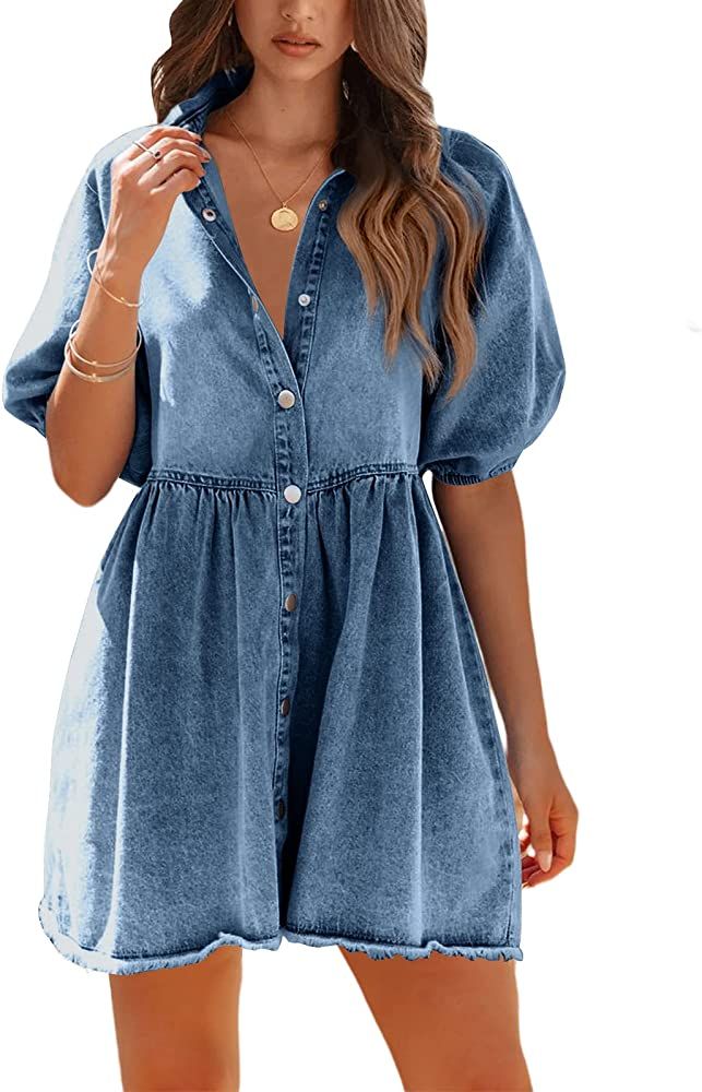 Pepochic Womens Summer Denim Dress Button Down Short Sleeve Babydoll Dress Puff Sleeve Flowy Jean Dr | Amazon (US)