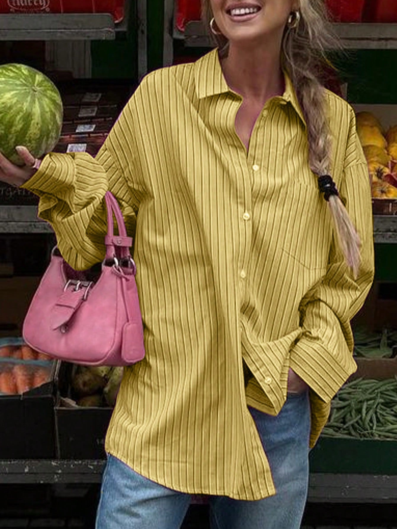 SHEIN Essnce Women Solid Color Front Button Pocket Casual Long Sleeve Shirt | SHEIN