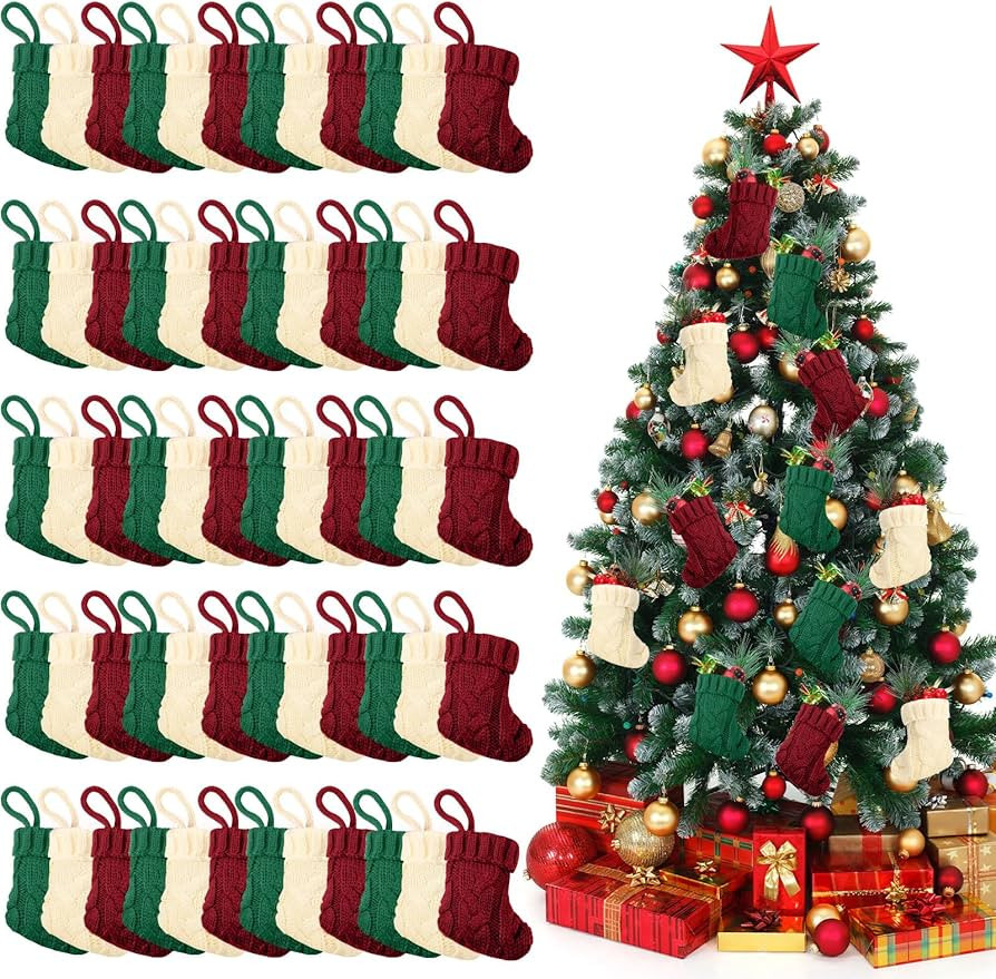 60 Pcs Mini Christmas Stockings Bulk, 3.94 Inch Small Knit Xmas Stocking Rustic Little Christmas ... | Amazon (US)