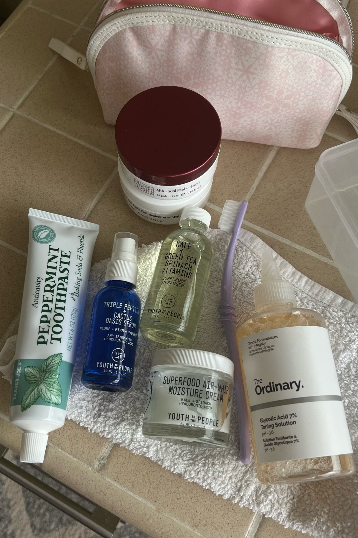 my cool-tone PM skincare line up🤍

YTTP superfood cleanser: i always start by washing my face with this! 
formulated with superfood antioxidants from kale, spinach, and green tea to give your skin the ultimate cleanse. it helps to remove makeup, prevent buildup in pores, and balance pH without drying or stripping

180 peel pads: i use this 3x a week after washing my face at night. starting with the facial peel pad, which is like a chemical exfoliant, to help cell turnover for youthful looking skin. wait 10 mins, then go in with the neutralizing pad to calm the skin (DM for link)

YTTP triple peptide + cactus oasis serum: after using the peel pads, i go in with this serum to hydrate my face! this uses a mix of peptides, hyaluronic acid, and super replenishing cactus stem and helps with the look of fine lines and wrinkles 

YTTP superfood air-whip moisture cream: lastly, i use this cream to top everything off! this moisturizer has a gel-like consistency and is superrr lightweight but so moisturizing! 

the ordinary glycolic acid: ik there are a ton of great uses for this, but i love to use this for my underarms🫣 it’s actually amazing if you’re trying to switch over to a natural deodorant and helps to detox your pits (yes detox… i didn’t know you could or had to do that either…) 

trader joe’s toothbrush + toothpaste: this is my first time using their toothpaste so still no official review from me yet (just started using it like 3 days ago) but their TOOTHBRUSH omg my fav ever. the toothbrush has this curve so it’s super easy to brush your molars and get those more hard to reach places 