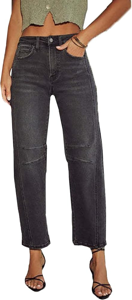 cffvdiz Women's Casual Baggy Mid Rise Barrel Jeans Boyfriend Ankle Denim Pants | Amazon (US)