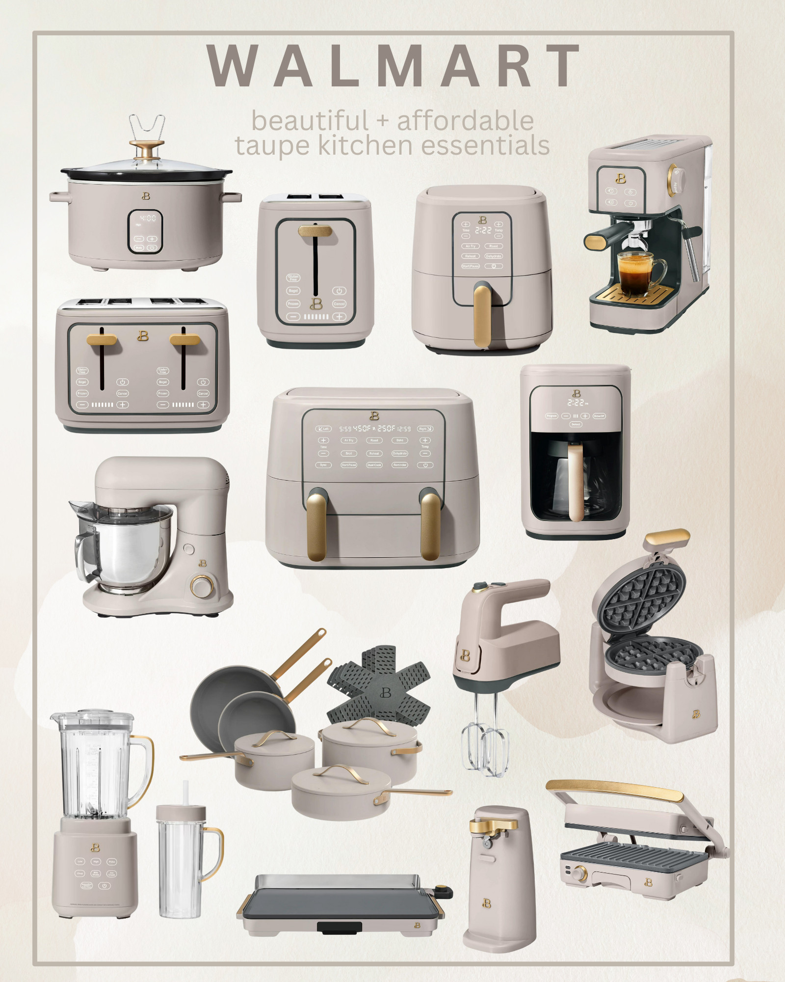Drew Barrymore Beautiful small appliances in taupe! affordable kitchen essentials - toaster - coffee maker - espresso machine - waffle maker - 4 slice toaster - air fryer - nonstick cookware - can opener - mixer - hand mixer - blender - walmart home 

 

#LTKHome #LTKSaleAlert #LTKFindsUnder50