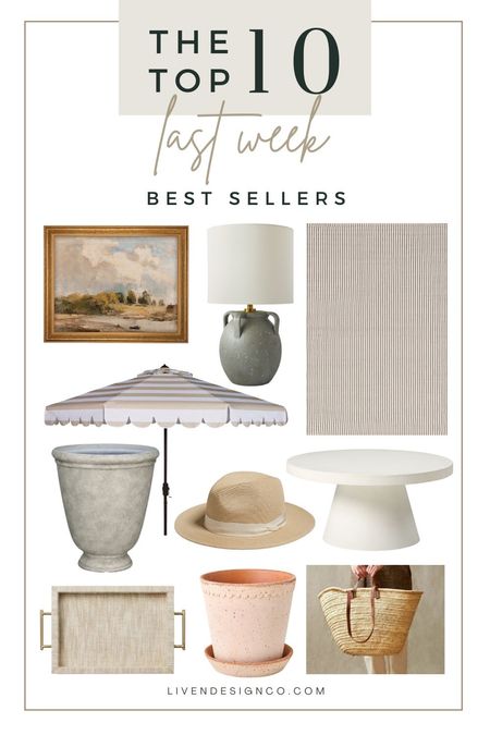 Last week bestselling items. Home decor. Spring decor woven tray. Coffee table decor. Target home. Landscape painting. Ceramic lamp. Walmart home. Indoor outdoor rug. Neutral striped natural woven outdoor rug. Patio decor. Urn planter. Outdoor planter. Patio umbrella. Scalloped umbrella. Striped umbrella. Patio round white coffee table. Straw fedora. Packable foldable straw hat. Straw French market tote bag. Terracotta flower pot. Scalloped planter. 

#LTKSeasonal #LTKhome #LTKsalealert