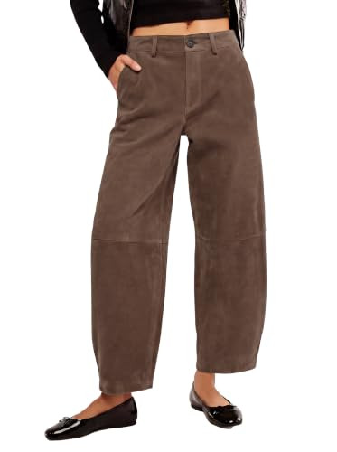 Tankaneo Womens Faux Suede Barrel Pants High Waisted Wide Leg Cropped Pants | Amazon (US)