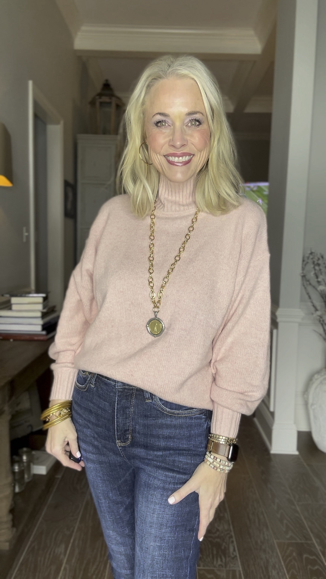 Ok I get it now. I get the Judy Blue hype. These may actually have just taken the lead as my favorite pair of jeans ever. Their sizing is different and they recommend you size down one. So I typically wear an 8, so I went with a 7 in these. I honestly could probably have done another size down from that. I really struggle to know what size to do in skinny jeans. The tummy control is fantastic and the stretch is insane! I love the darker wash, too. I am wearing it today with a soft pink mock neck sweater from The Gap in a medium, my Nike Court Legacy sneakers and a combo of jewelry from Amazon and Jennifer Ponson Design. I can send you a discount code for those pieces if you let me know. 

As a reminder for reference, I am 53, 5’8, 140 lbs, and typically wear a 6/8 or medium. 

#LTKover40 #LTKCyberWeek #LTKmidsize