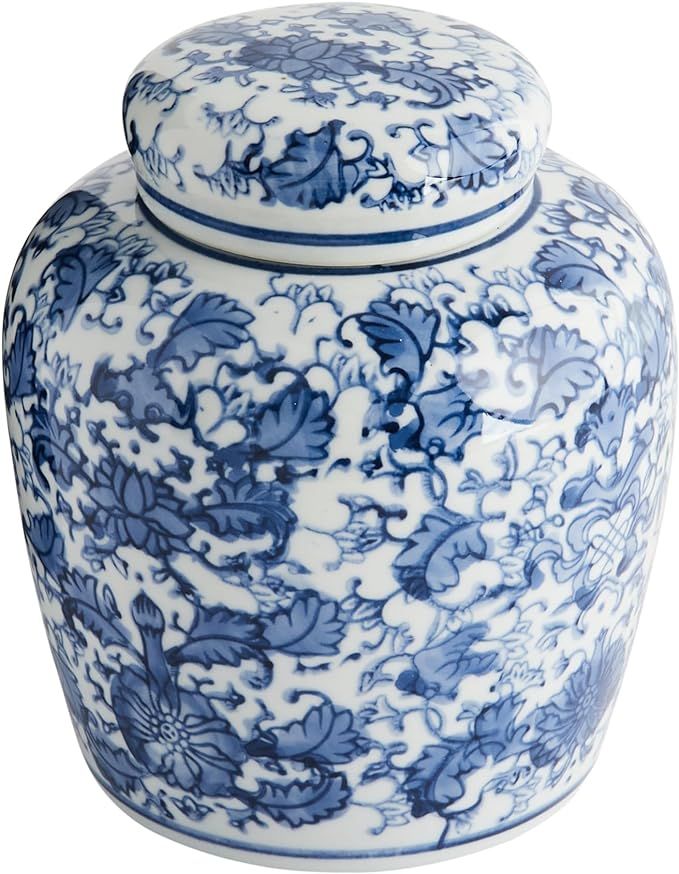 Creative Co-Op Decorative Ceramic Ginger Jar with Lid, Blue and White, Small | Amazon (US)