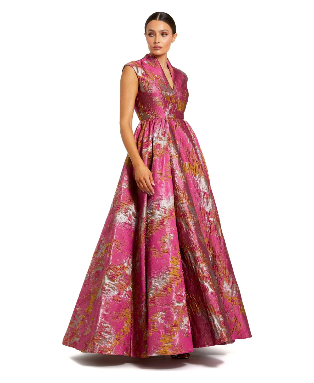 Mac Duggal Women's Metallic Jacquard Ball Gown with Shawl Collar - Raspberry multi | Macy's