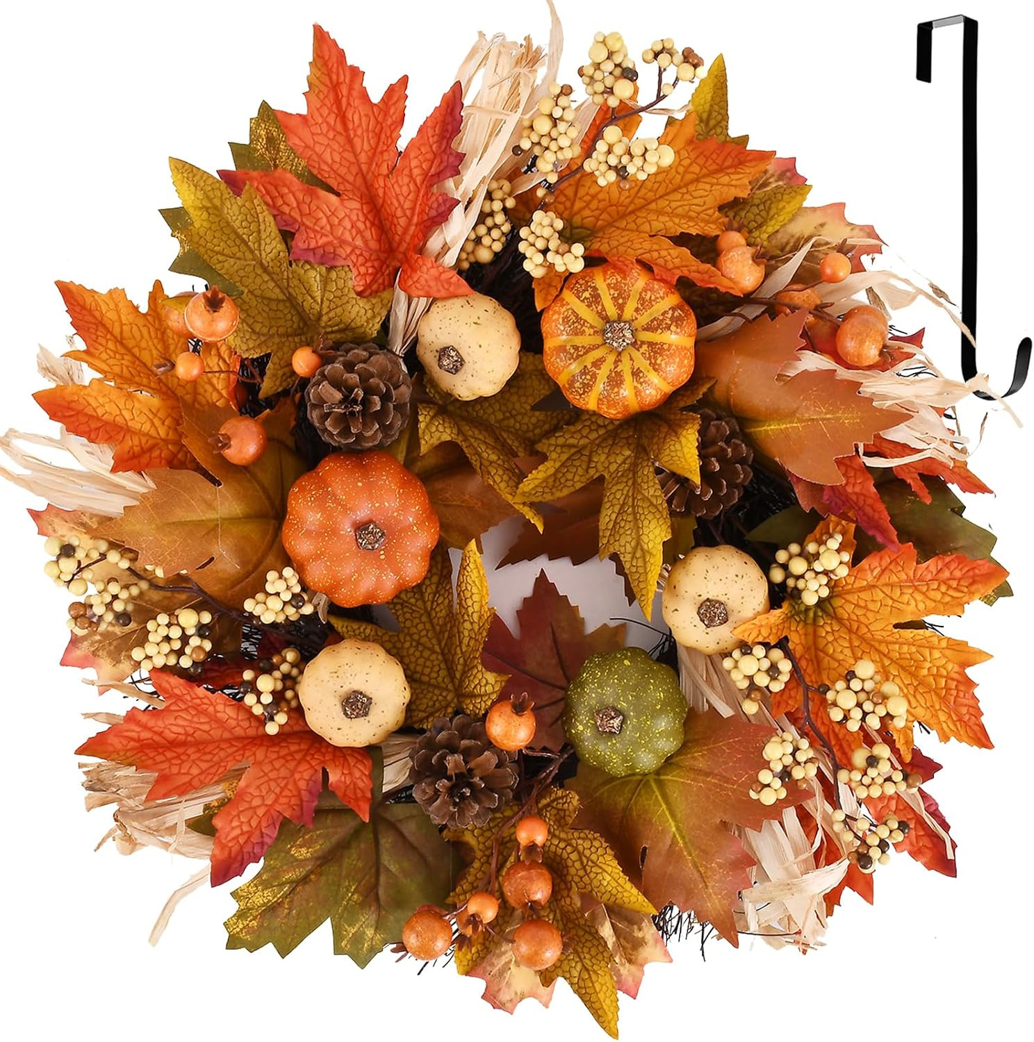 Fall Wreaths for Front Door, 19inchs Autumn Wreath with Hangers Pumpkin Maple Autumn Harvest Wreath Fall Decorations for Home Ideal Thanksgiving Decorations Wall Window Party Decor Indoor Outdoor | Amazon (US)