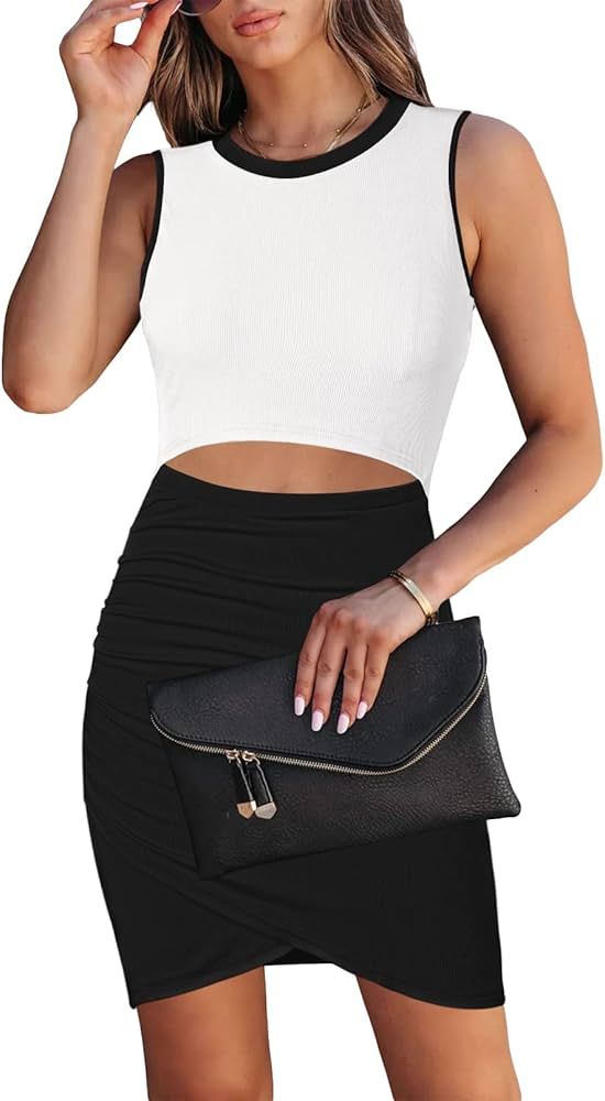 HUUSA Women's Sexy Slim Fit Cutout Pencil Dress Classic Round Neck Sleeveless Color Contrast Ruch... | Amazon (US)